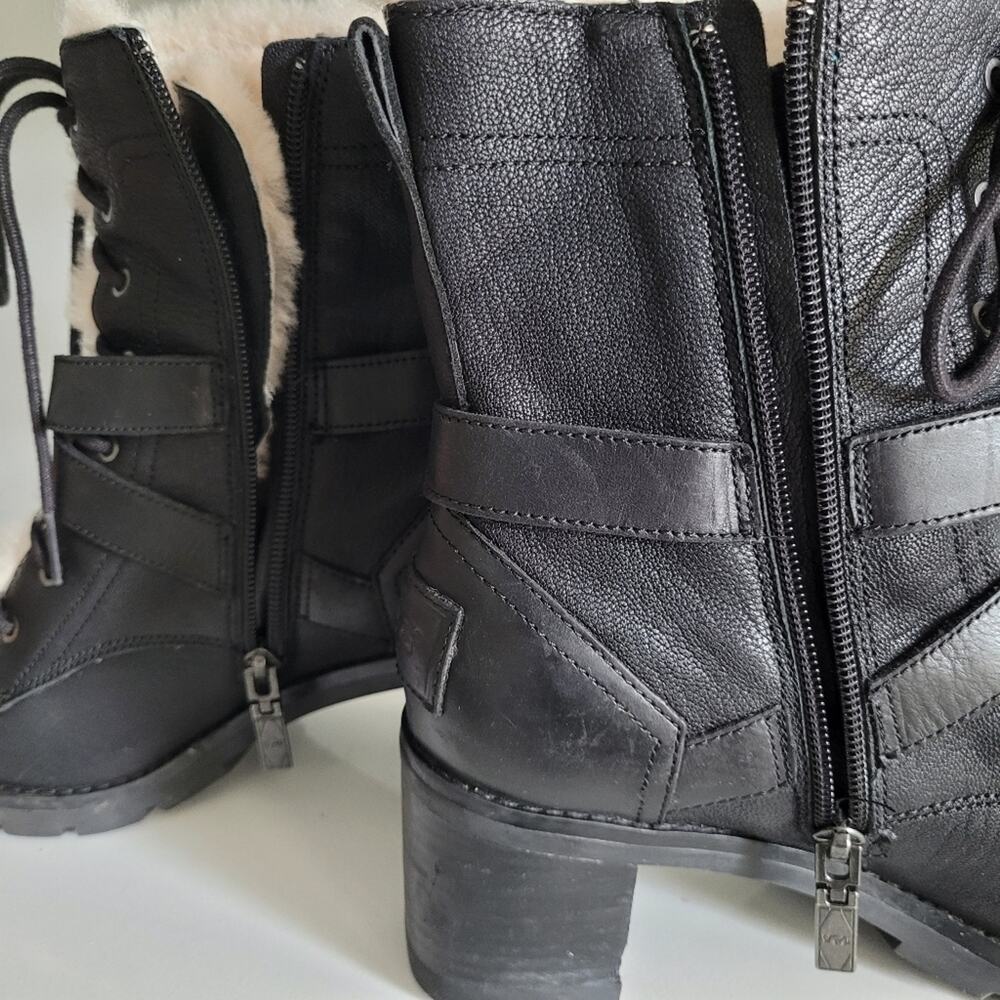 UGG "Ingrid" Black Leather Shearling Lug Soled Lace-Up Moto Combat Biker Boots-7 - Picture 7 of 14